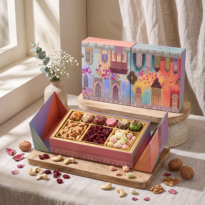 Lifestyle-Anzeige von offenen und geschlossenen Brothersbox-Doppeltür-Geschenk boxen für getrocknete Früchte auf einem Holztisch.