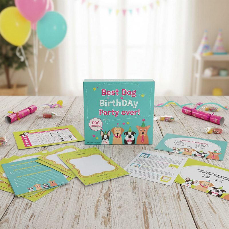 Individuell bedruckte Best Dog Birthday Party Ever Spiel box mit bunten Hunde illustrationen.
