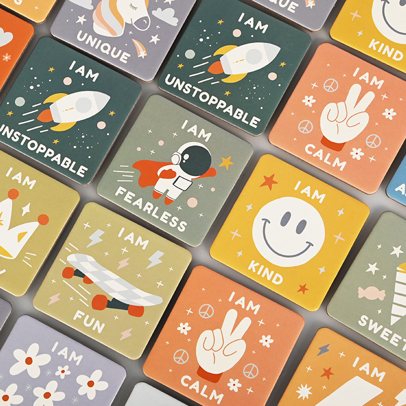 Matte finish custom flashcards with empowering quotes for children.