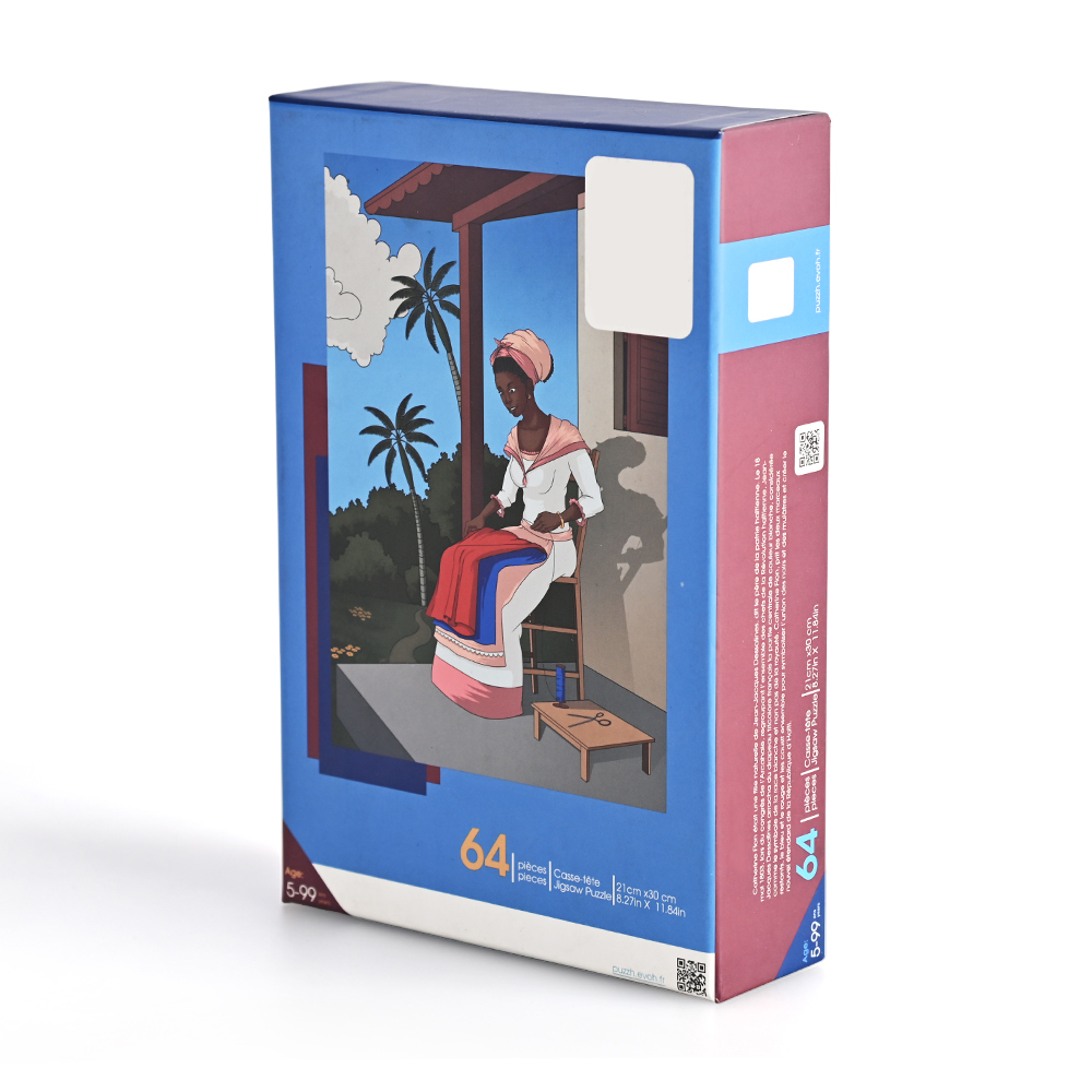 Caja de rompecabezas de cartón azul de alta calidad con ilustraciones de figuras históricas para niños y adultos.