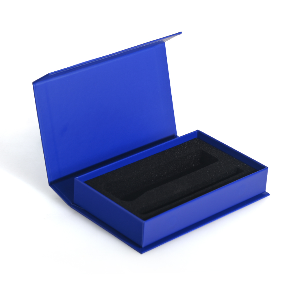 Open vibrant blue magnetic lid gift box with black foam insert