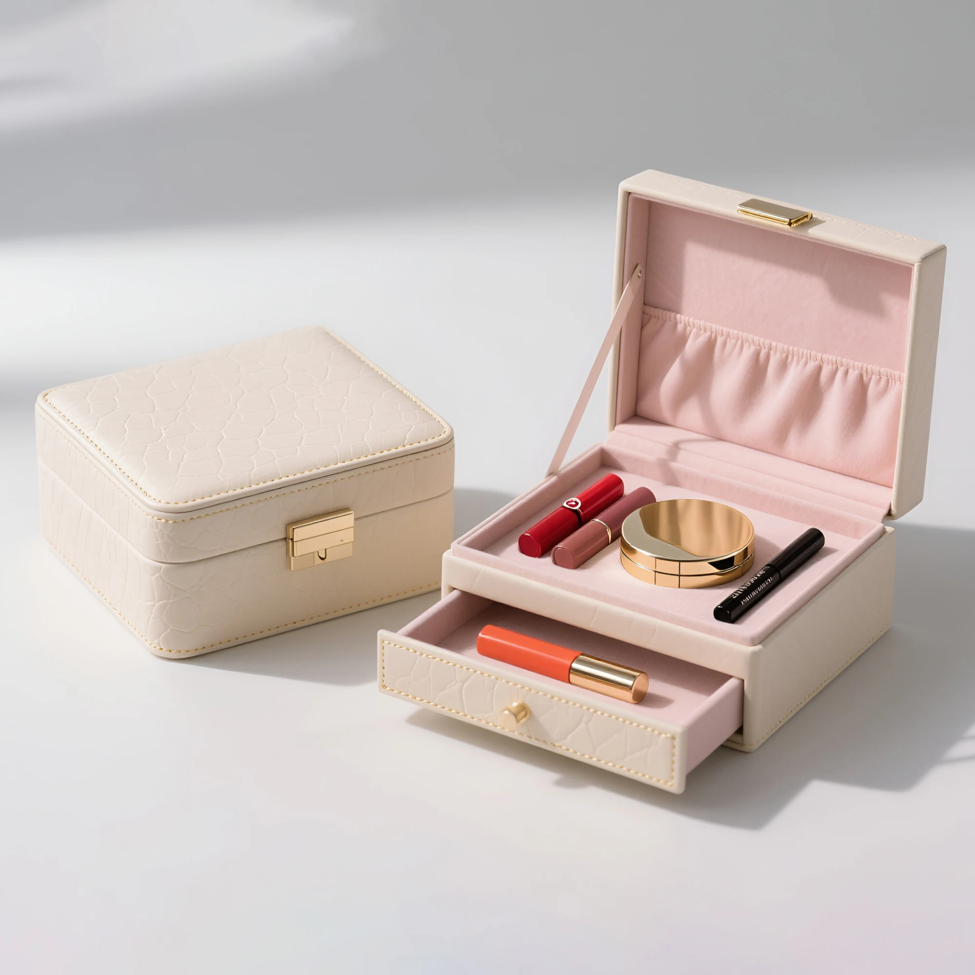 Pink Lined Cosmetic Leather Case for Makeup Storage