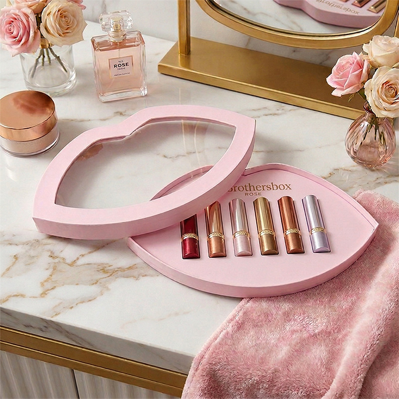 Luxury lipstick gift set in lip-shaped box on marble vanity
