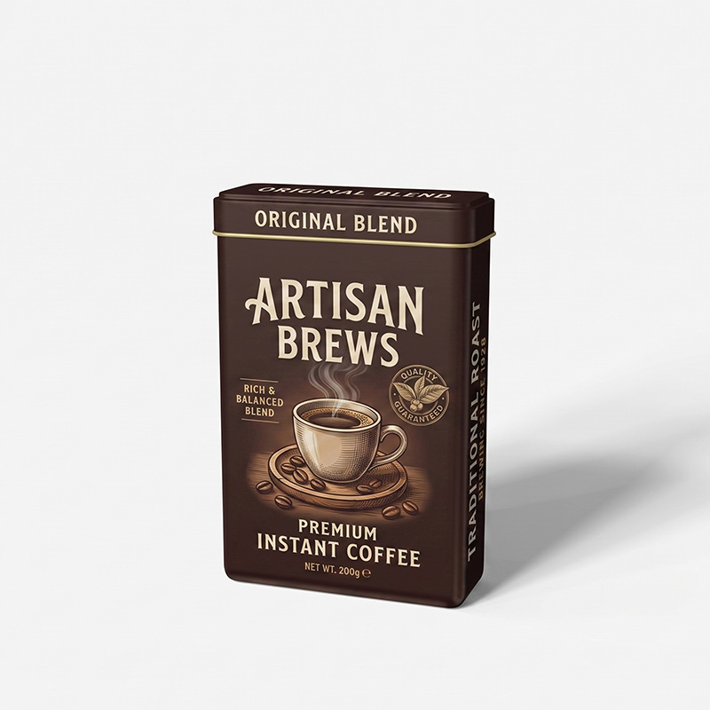 Rectangular coffee tin box showing side panel traditional roast text printing