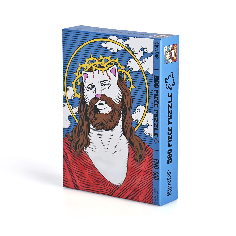 Side view of Ripndip Find God jigsaw puzzle box with 500 pieces for adults.
