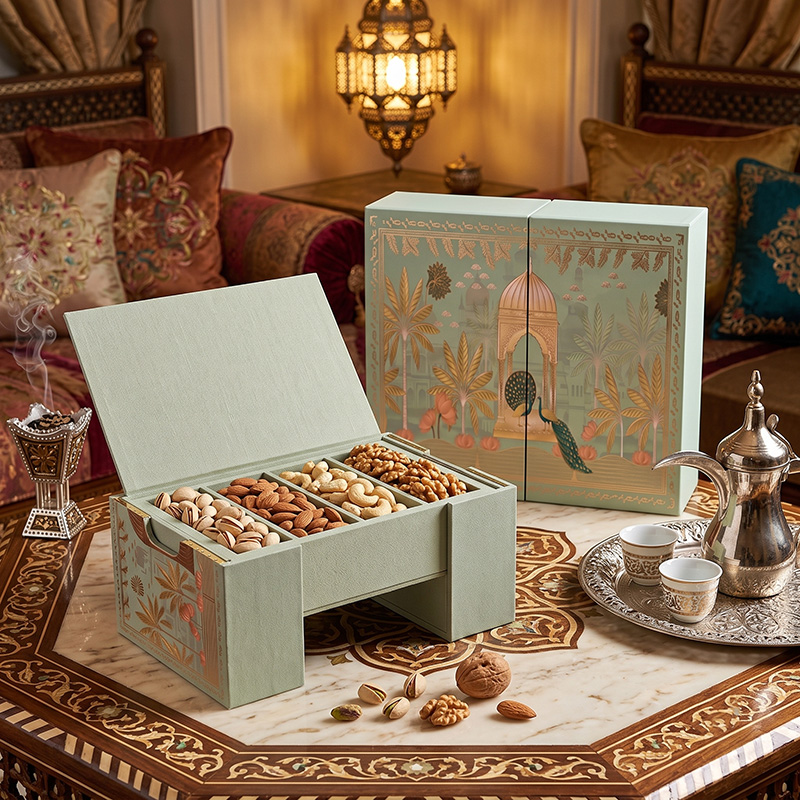 Multifunktionale Geschenkboxen für Trockenfrüchte und Nüsse von Brothersbox, präsentiert in einer luxuriösen orientalischen Atmosphäre und gefüllt mit einer vielfältigen Nussmischung