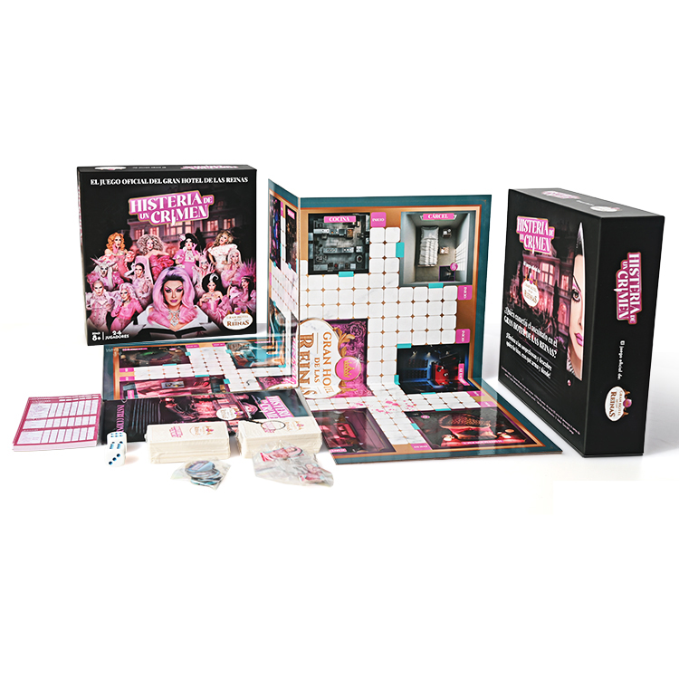 Composants de jeu de société personnalisés, y compris des cartes de haute qualité, des dés et des pads de détective.