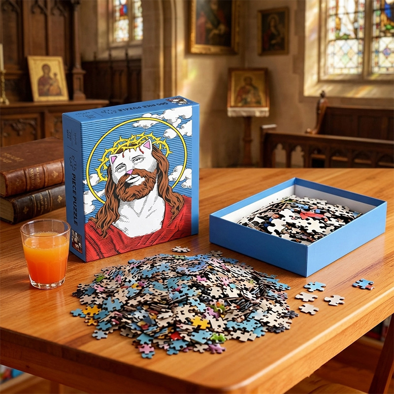 500 piece funny cat puzzle on a wooden table in a cathedral-style setting for hobbyists.