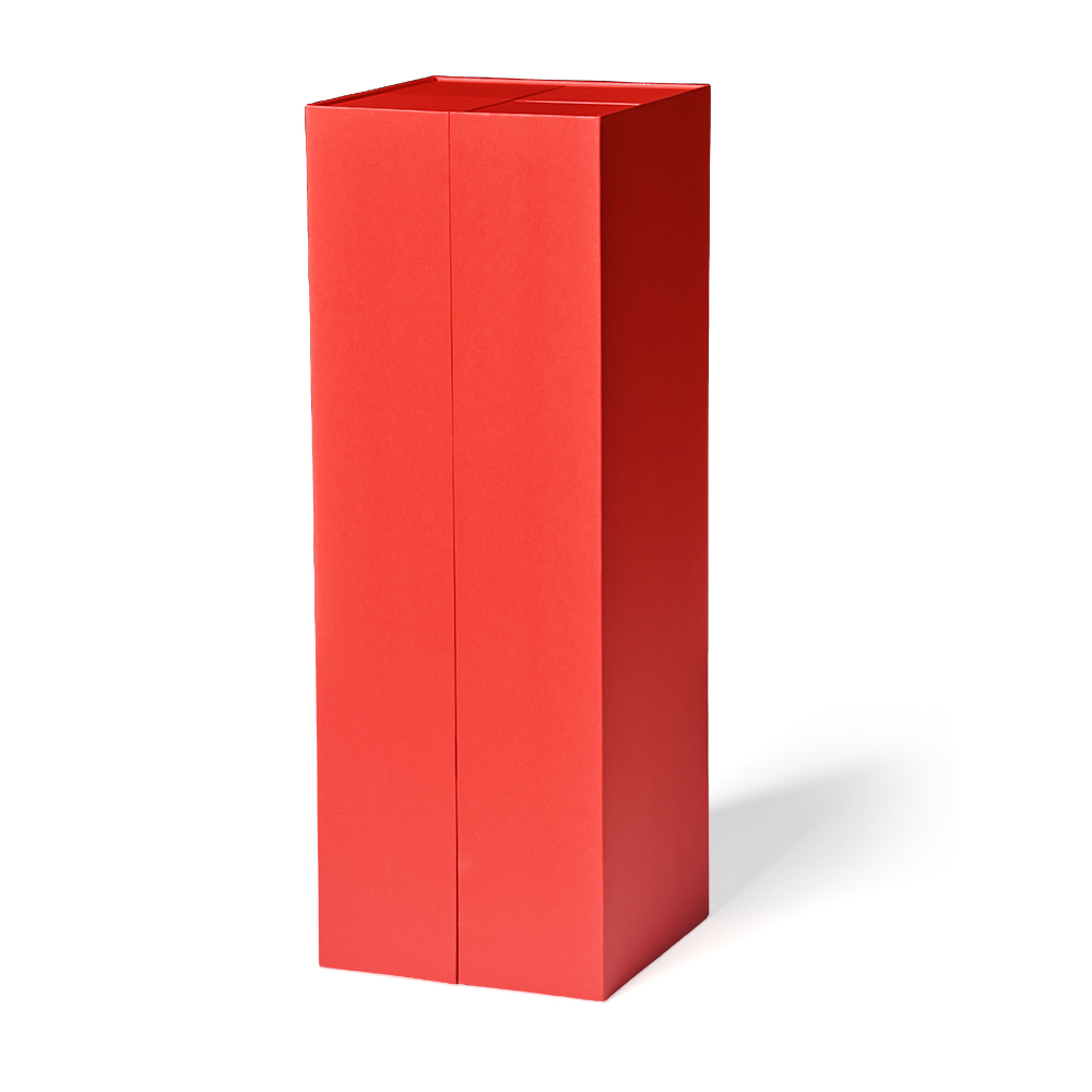 Closed red tall multi-panel foldable advent calendar packaging box
