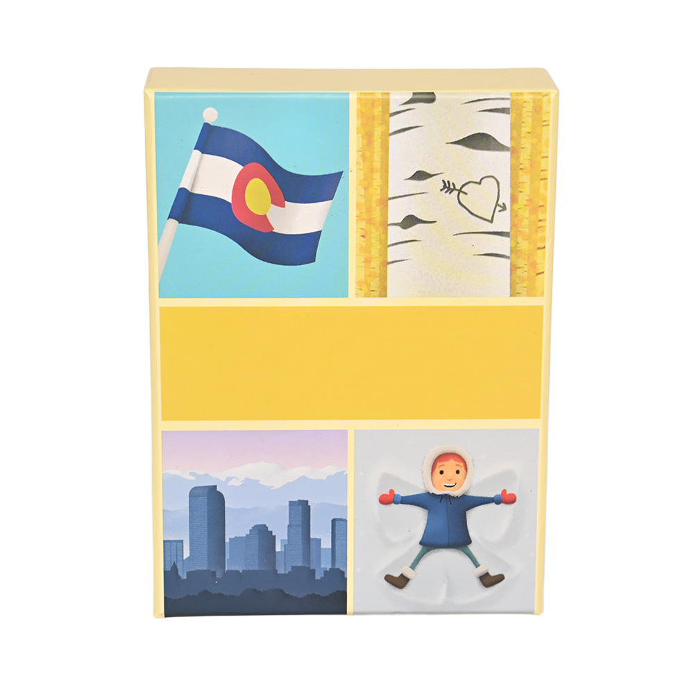 Front cover of Colorado ABC flash cards featuring state flag, aspen tree, and mountain skyline.
