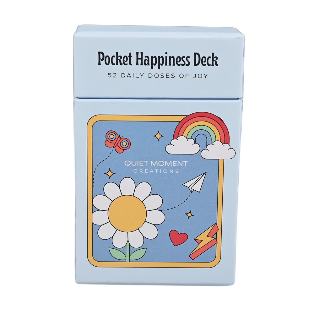 Caja flip-top azul claro personalizado para tarjetas flash para niños pequeños con diseño de arco iris y flores.