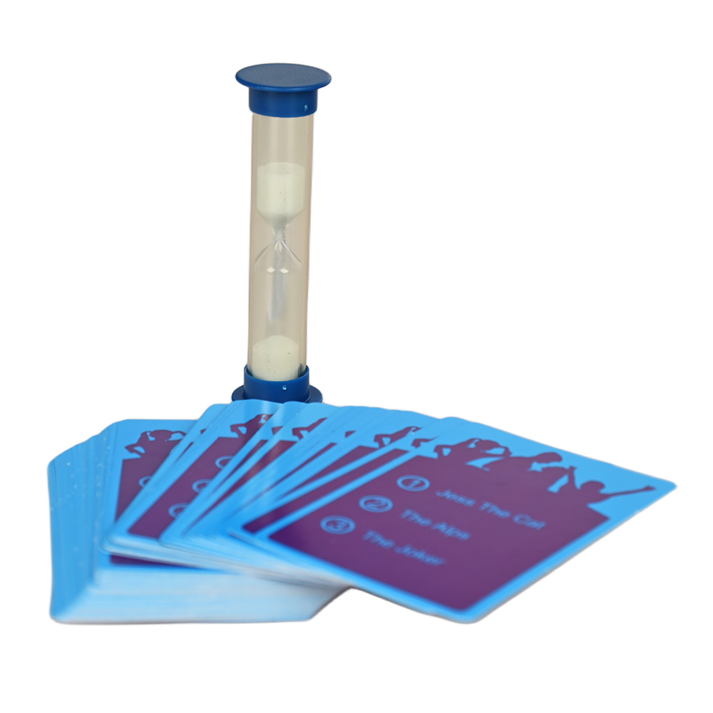 Close-up of a 60-second blue sand timer for fast-paced competitive drawing games.