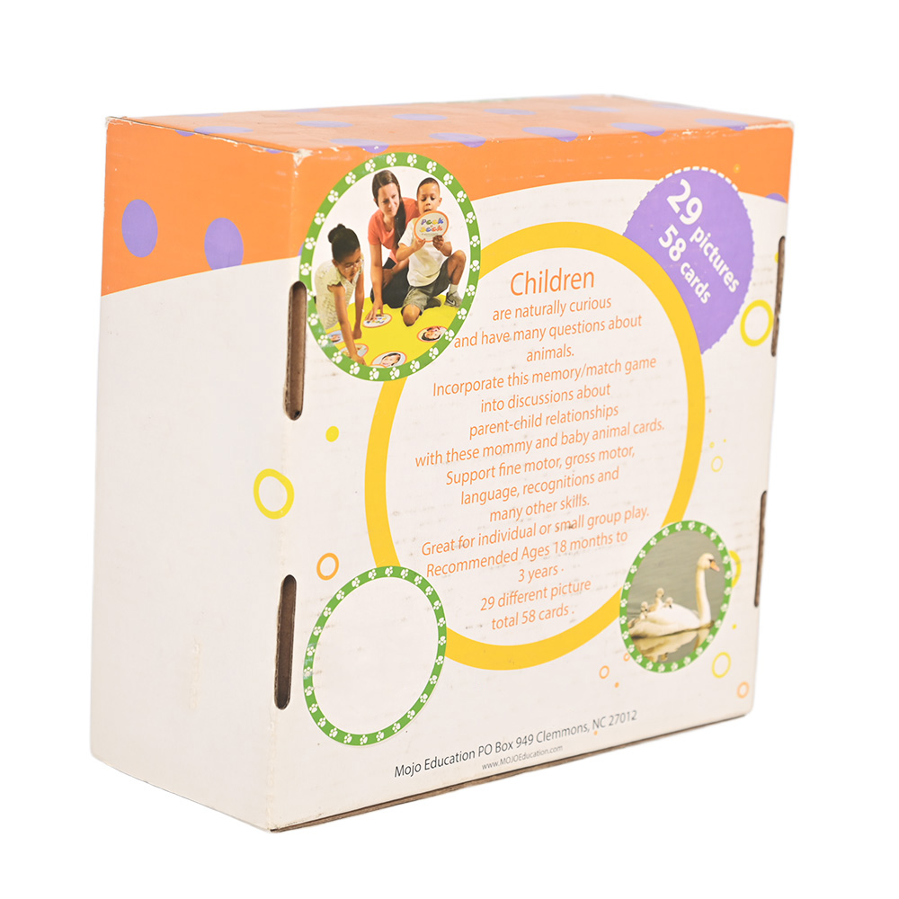 Customized educational card game box design showing mommy and baby animal themes.
