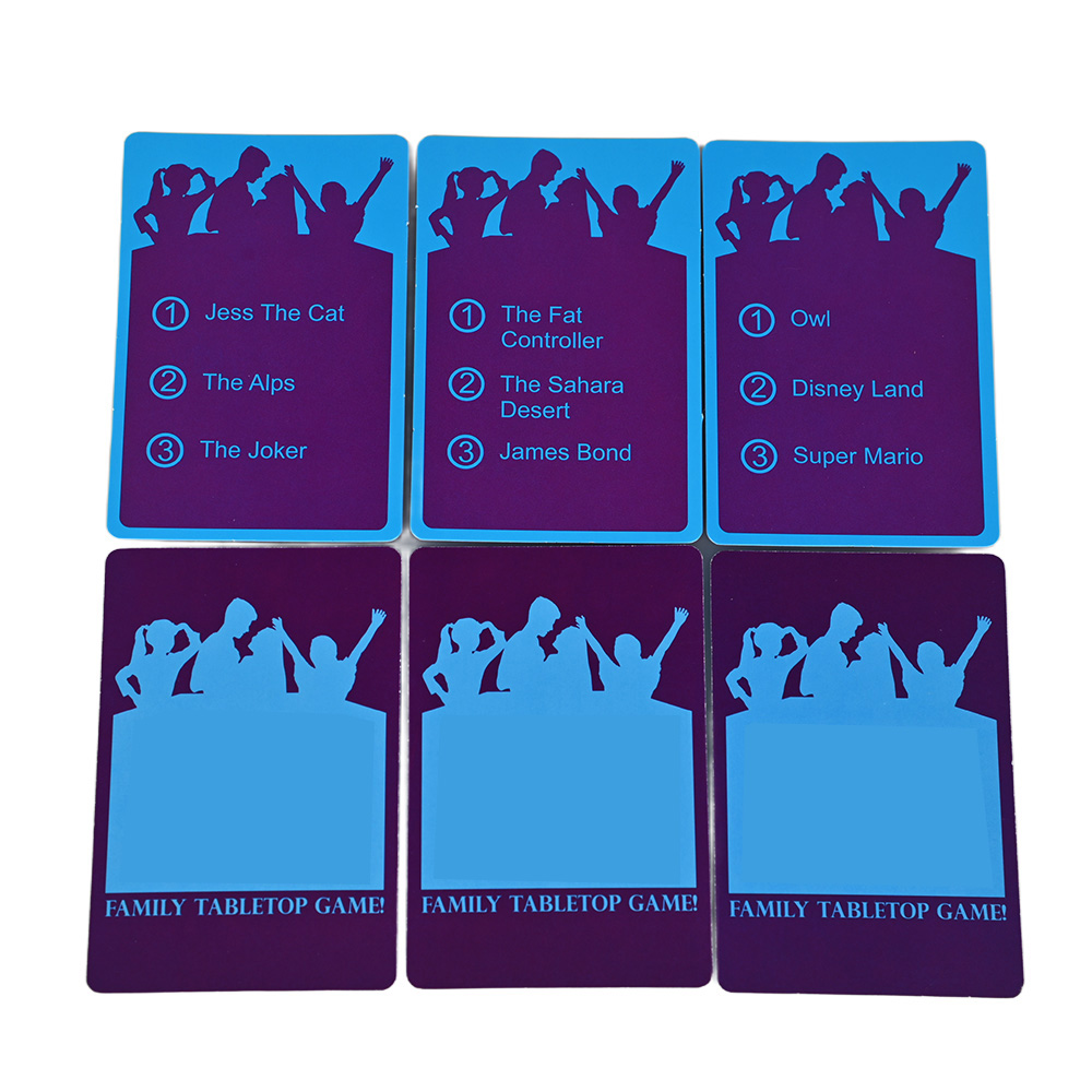 Custom card deck with three difficulty levels: children's characters, places, and famous people.