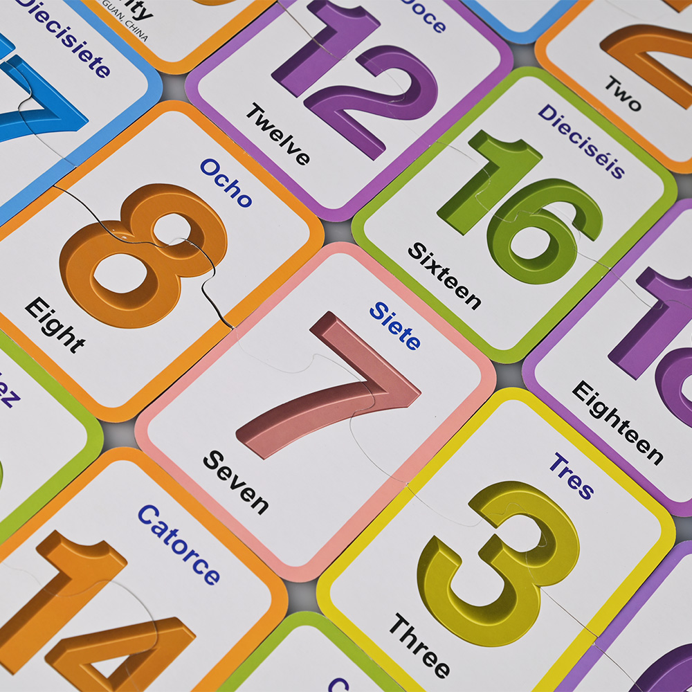 Close-up of number 7 and 8 bilingual puzzle pieces for kids