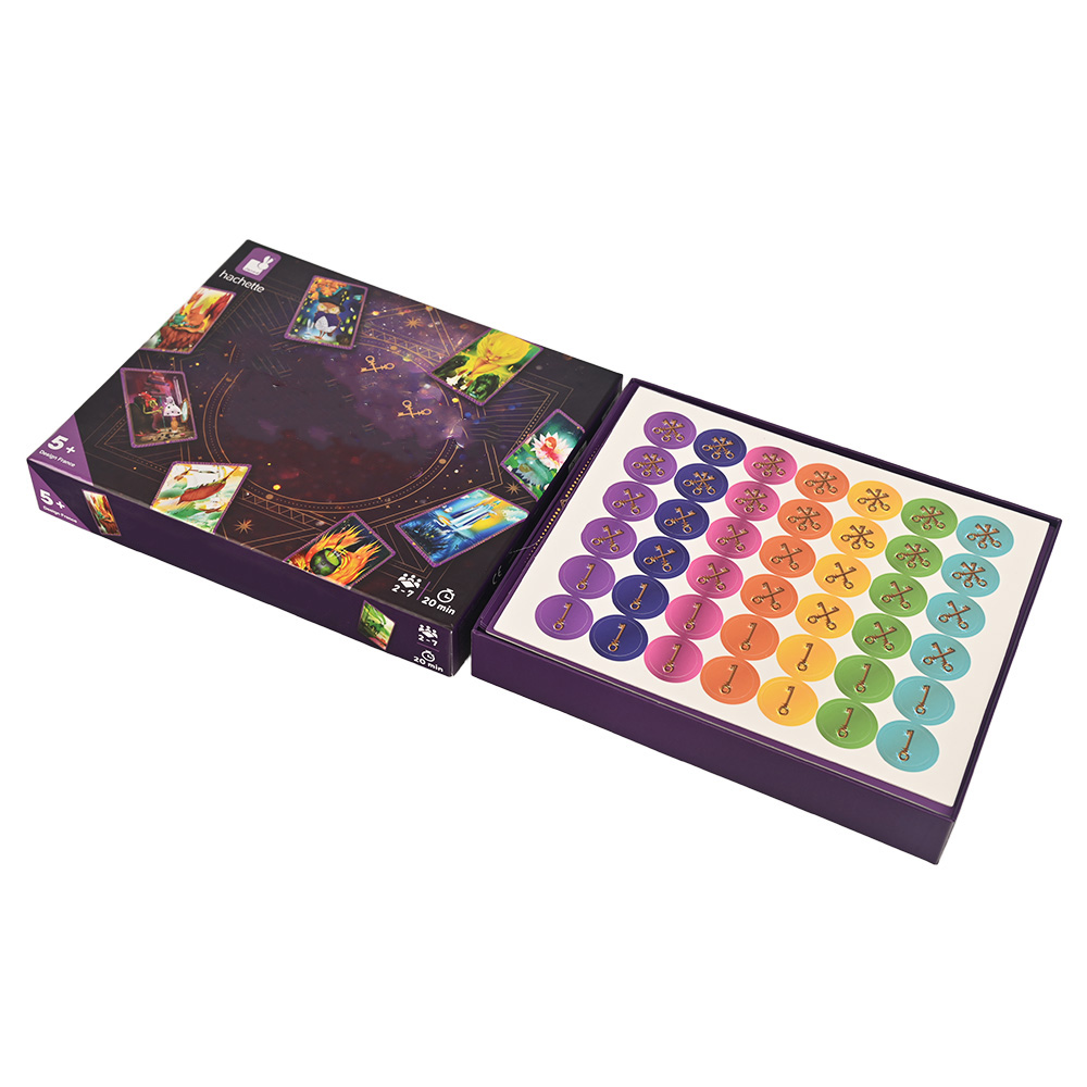 Complete board game set-up showcasing cards, tokens, instructions, and tilted box display.