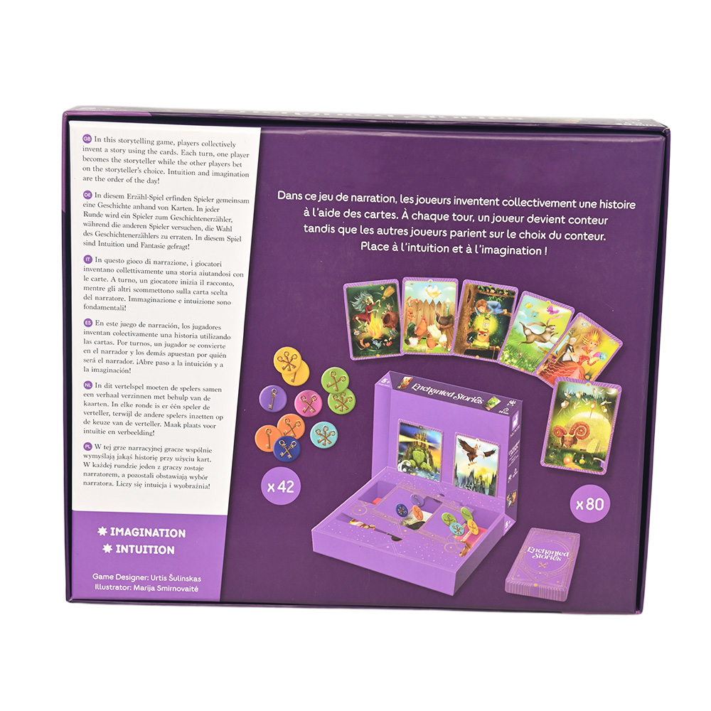 Professional board game packaging design featuring whimsical fantasy illustrations for ages 5+.