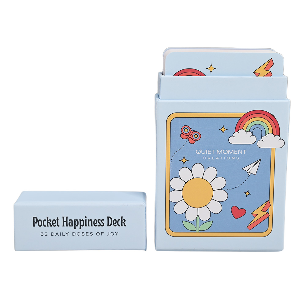 Caja flip-top azul claro personalizado para tarjetas flash para niños pequeños con diseño de arco iris y flores.