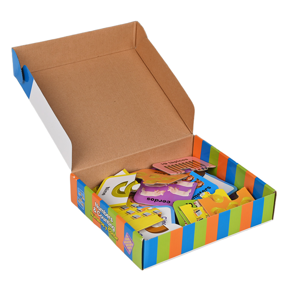Open box showing 20 sets of educational puzzle pairs for counting