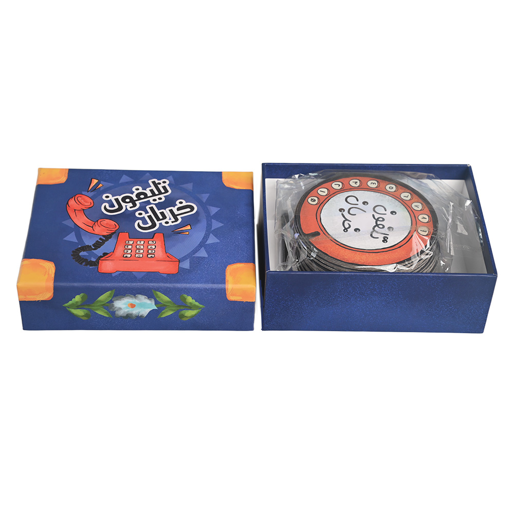Top view of high-quality gift box packaging for communication challenge board game.