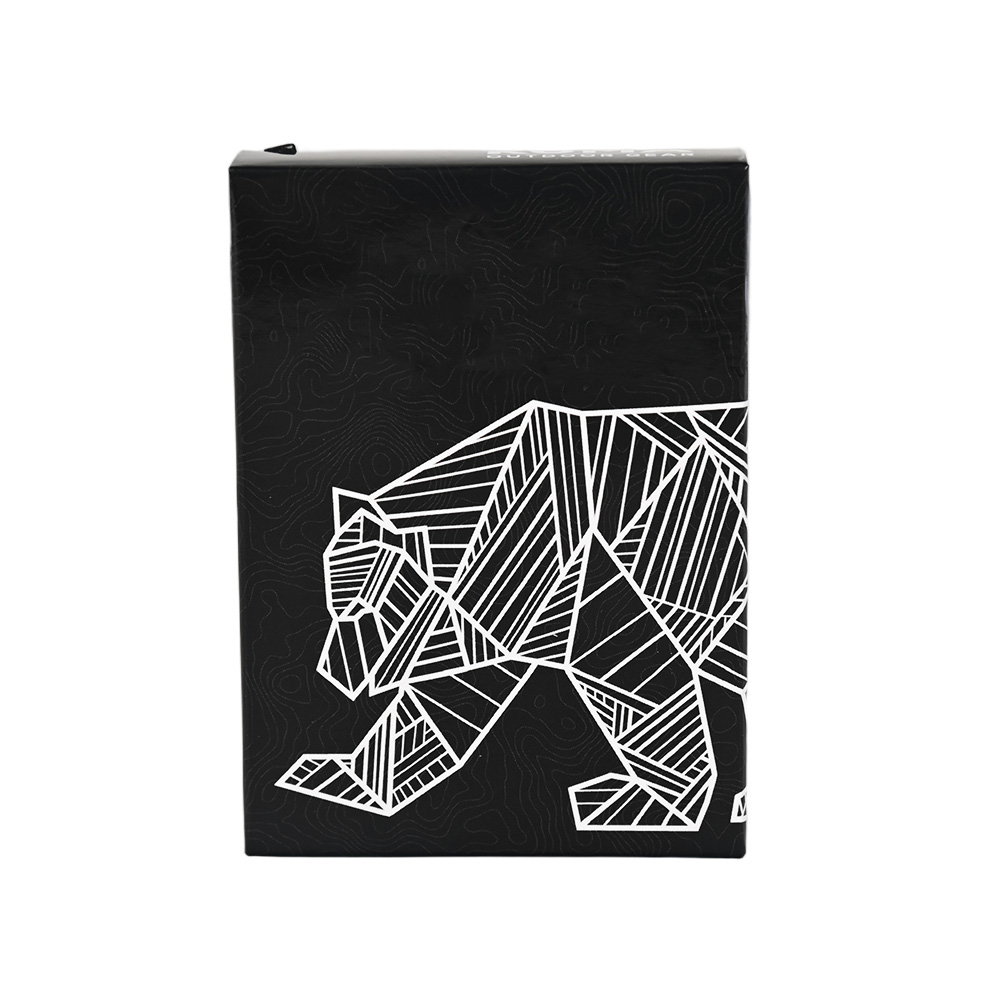 Front view of custom black playing card tuck box with white geometric bear design for outdoor enthusiasts.