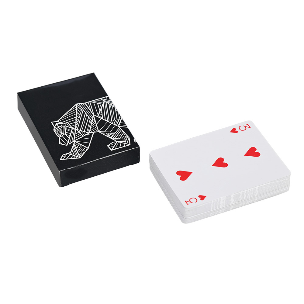 Custom printed playing cards deck next to its geometric bear theme tuck case.