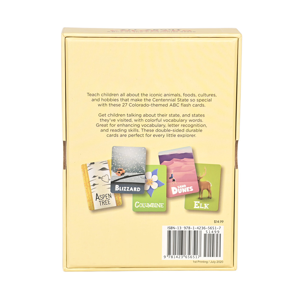 Back view of flash card packaging showing 27 Colorado-themed cards and product description.