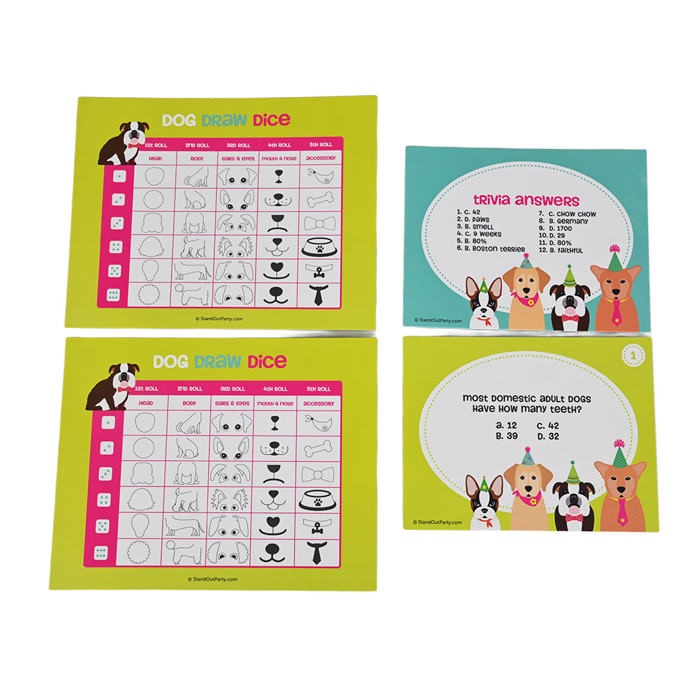 Nahaufnahme von "Dog Draw Dice" Spielkarte zeigt klare Typografie und Raster-Layout.