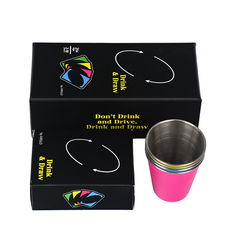 صندوق صلب مفتوح يعرض زجاج الرصاص الوردي من الفولاذ المقاوم للصدأ وتعليمات اللعبة.