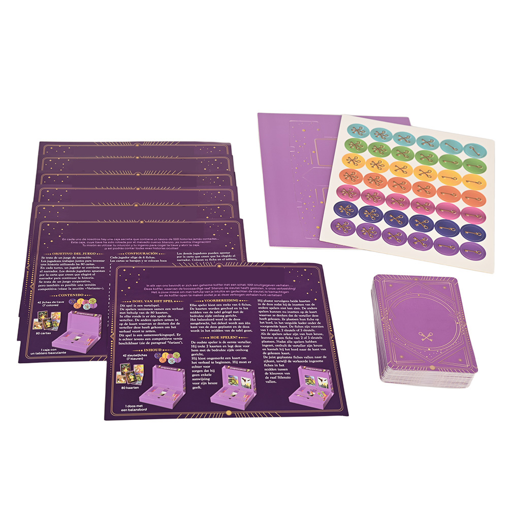 Sustainable paper material board game components including rulebooks and punchboard tokens.