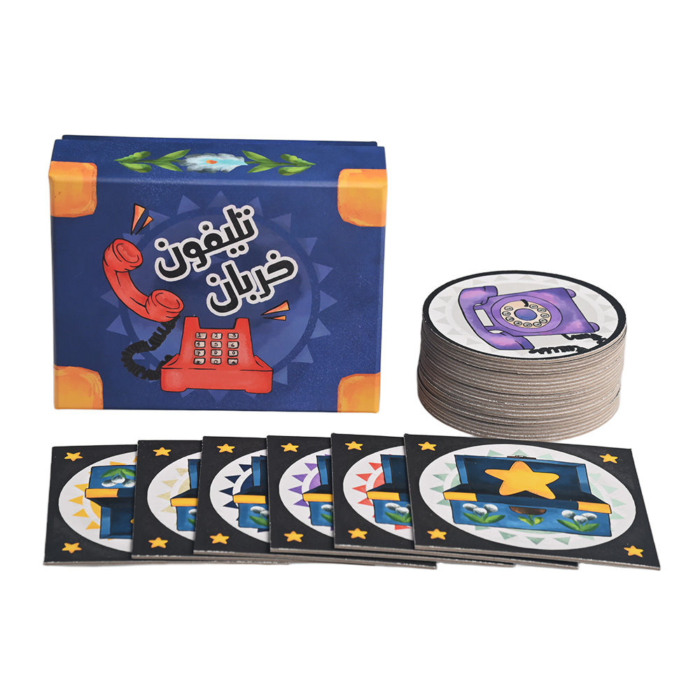 Full set of custom game components including circular telephone cards and treasure chest tiles.