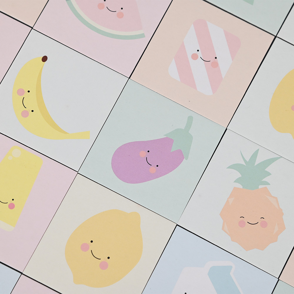 梨、プレッツェル、ブロッコリーなど、笑顔のカワイイスタイルのフードイラスト。