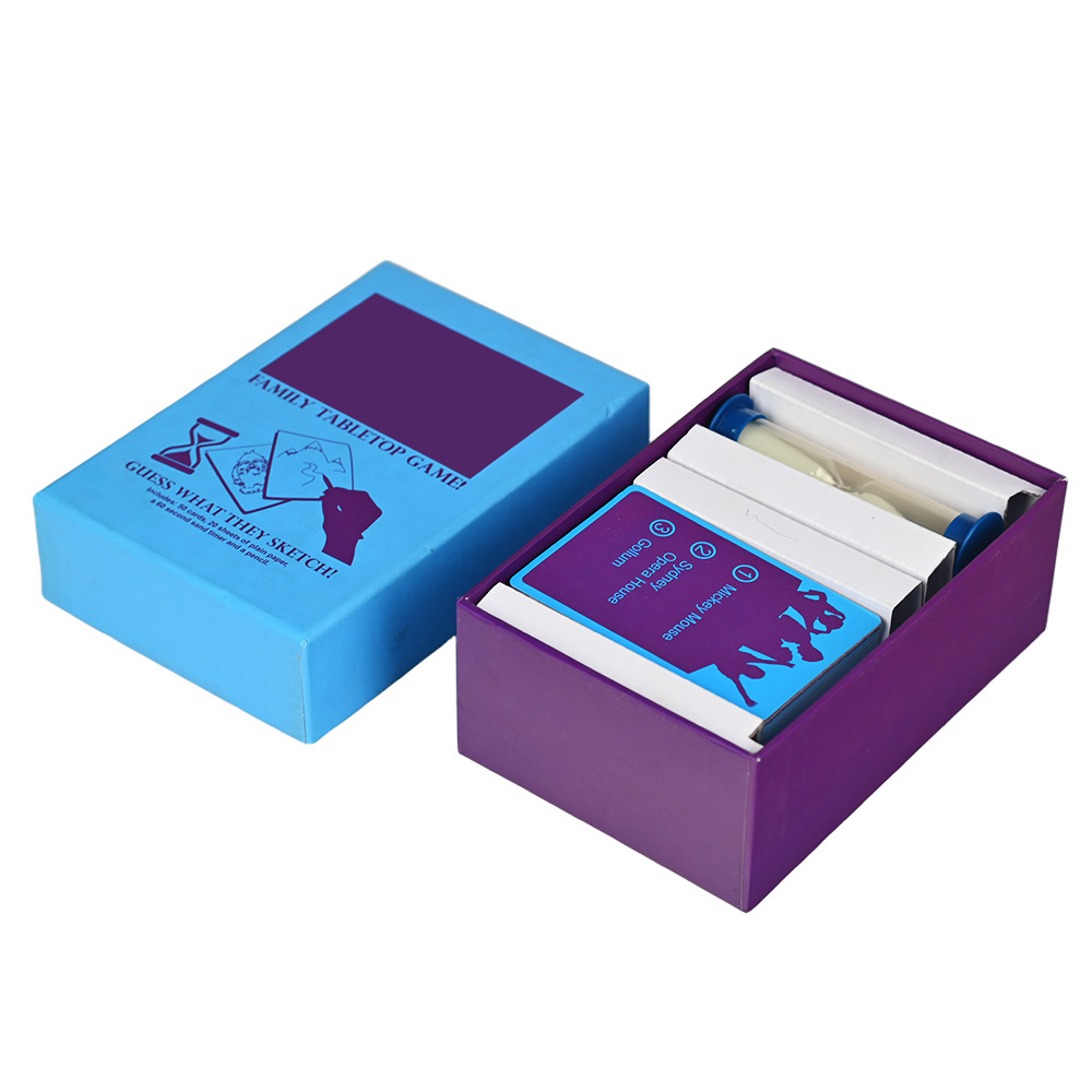 Contents of custom drawing game including 50 cards, a sand timer, and pencil.