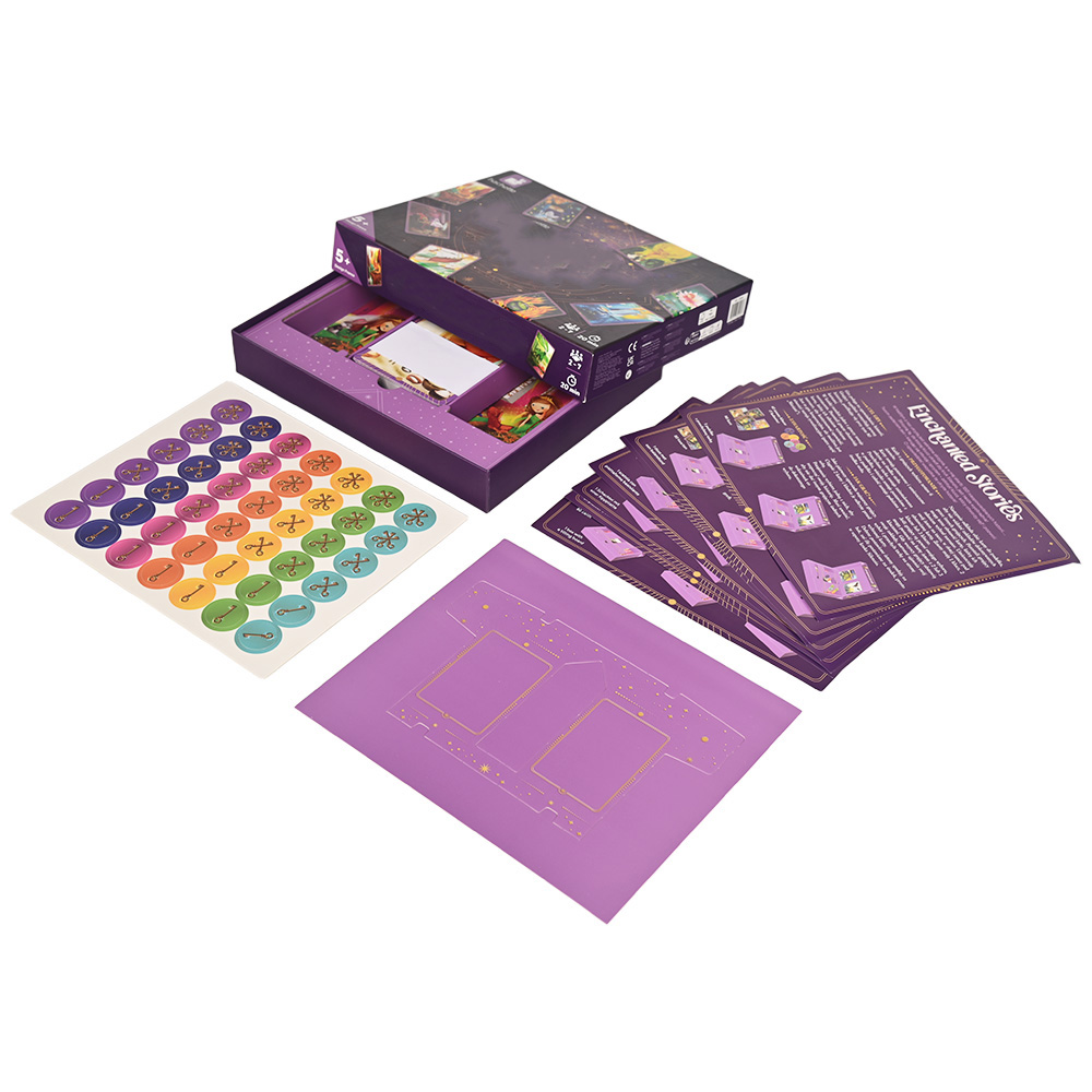 Sustainable paper material board game components including rulebooks and punchboard tokens.