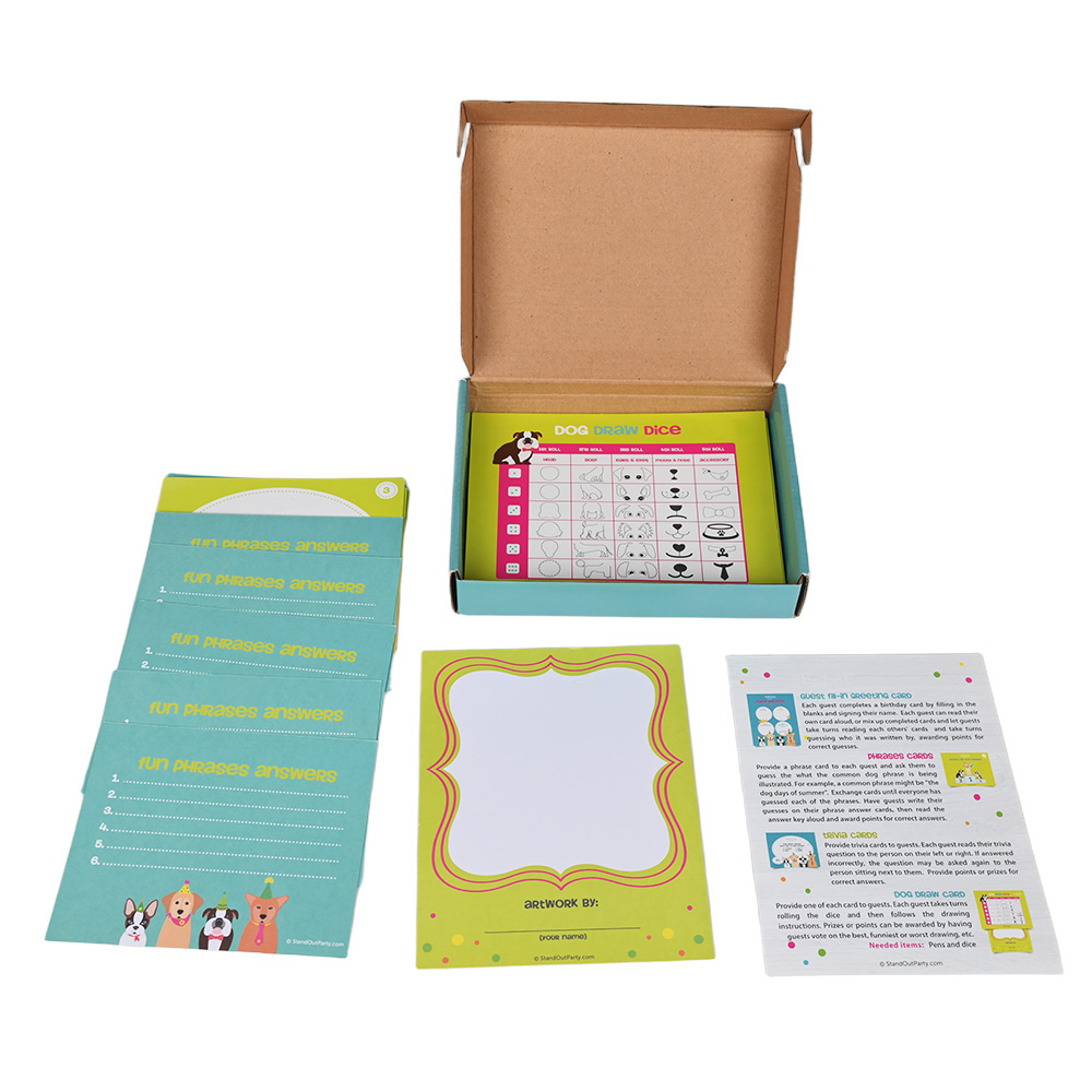 Detailliertes Anleitung blatt für Partys piele zum Thema Hund mit profession ellem Offsetdruck.