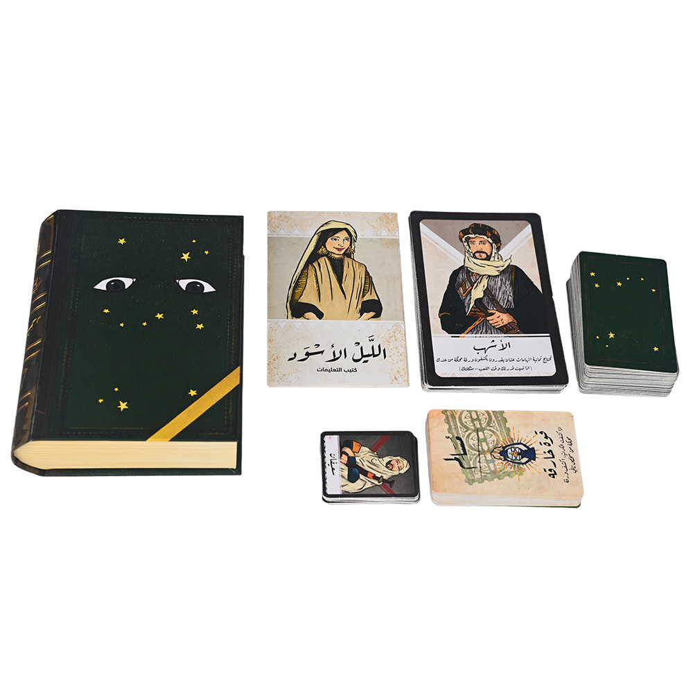 Custom social deduction card game with vintage book-shaped magnetic box.