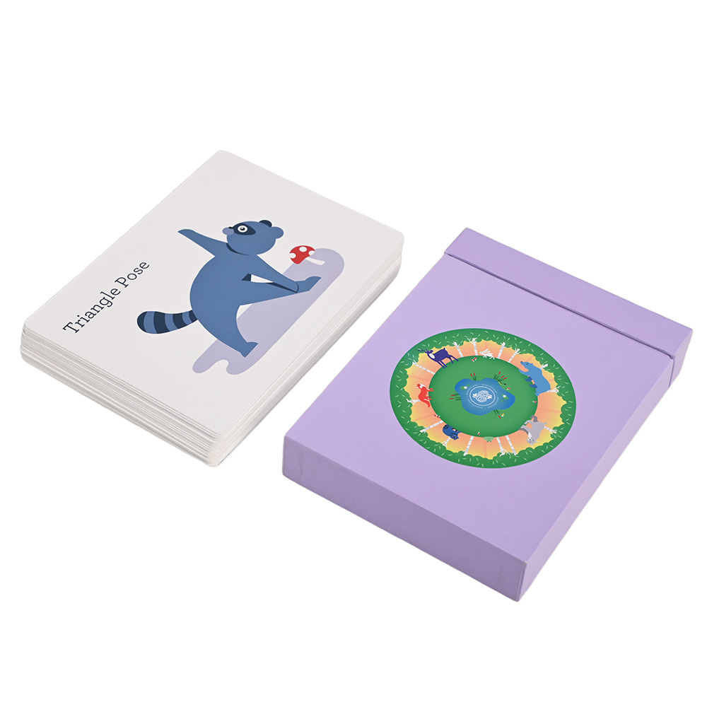 Custom printed purple flip-top rigid box for children's yoga flashcards with woodland animal circular logo.