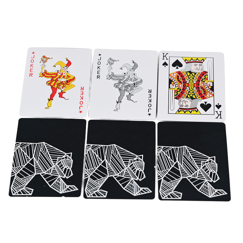 Customized joker cards and geometric bear back design for camping themed playing cards.