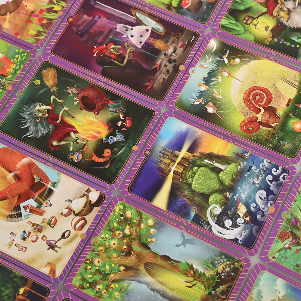 Surrealist fantasy card illustrations featuring dragons, owls, and enchanted forest characters.