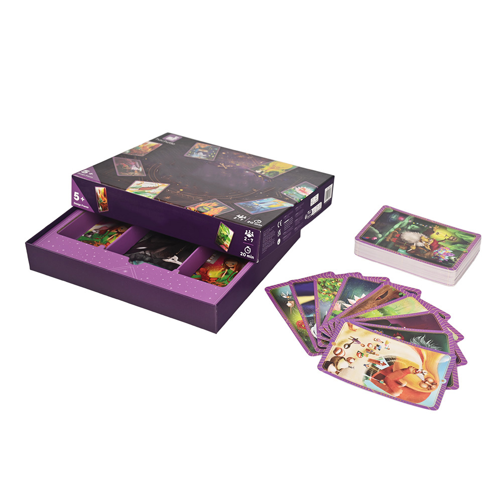 Sustainable paper material board game components including rulebooks and punchboard tokens.