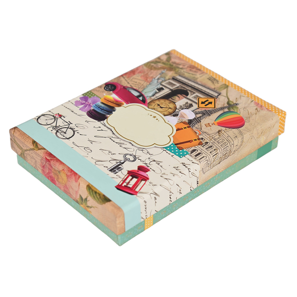Decorative gift box featuring iconic landmarks like the Eiffel Tower and Statue of Liberty.
