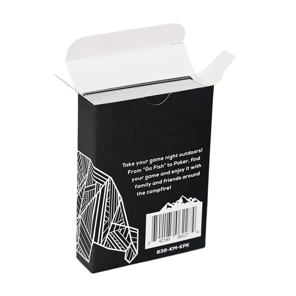 Back of customized camping playing card packaging showing barcode and outdoor game night description.