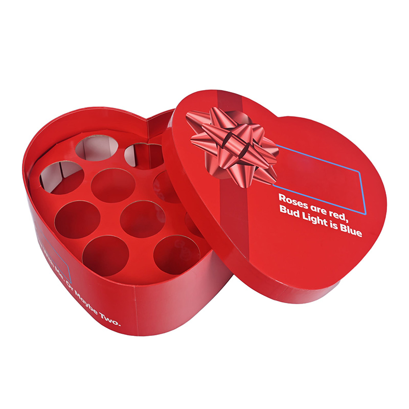 Open heart-shaped gift box with a 12-slot custom cardboard insert for chocolates or mini bottles.