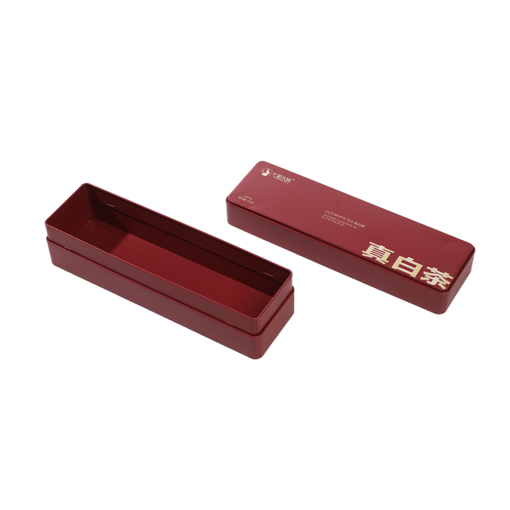 Boîte à thé personnalisée rectangulaire ouverte vide en rouge mat avec couvercle séparé.