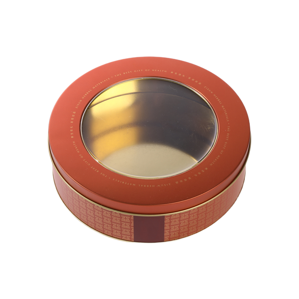 Round tea packaging tin box with transparent circular window