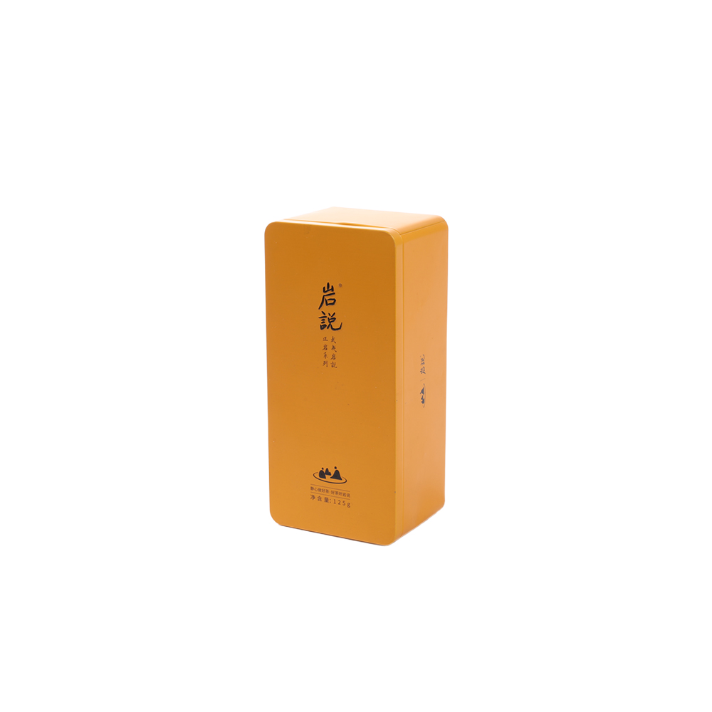 Customized tea tin box with food-grade gold lacquer coating perspective view.