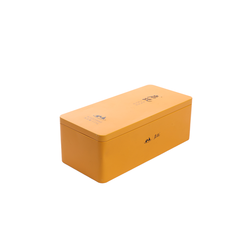 Horizontal view of customized tea tin box with food-grade gold lacquer coating.