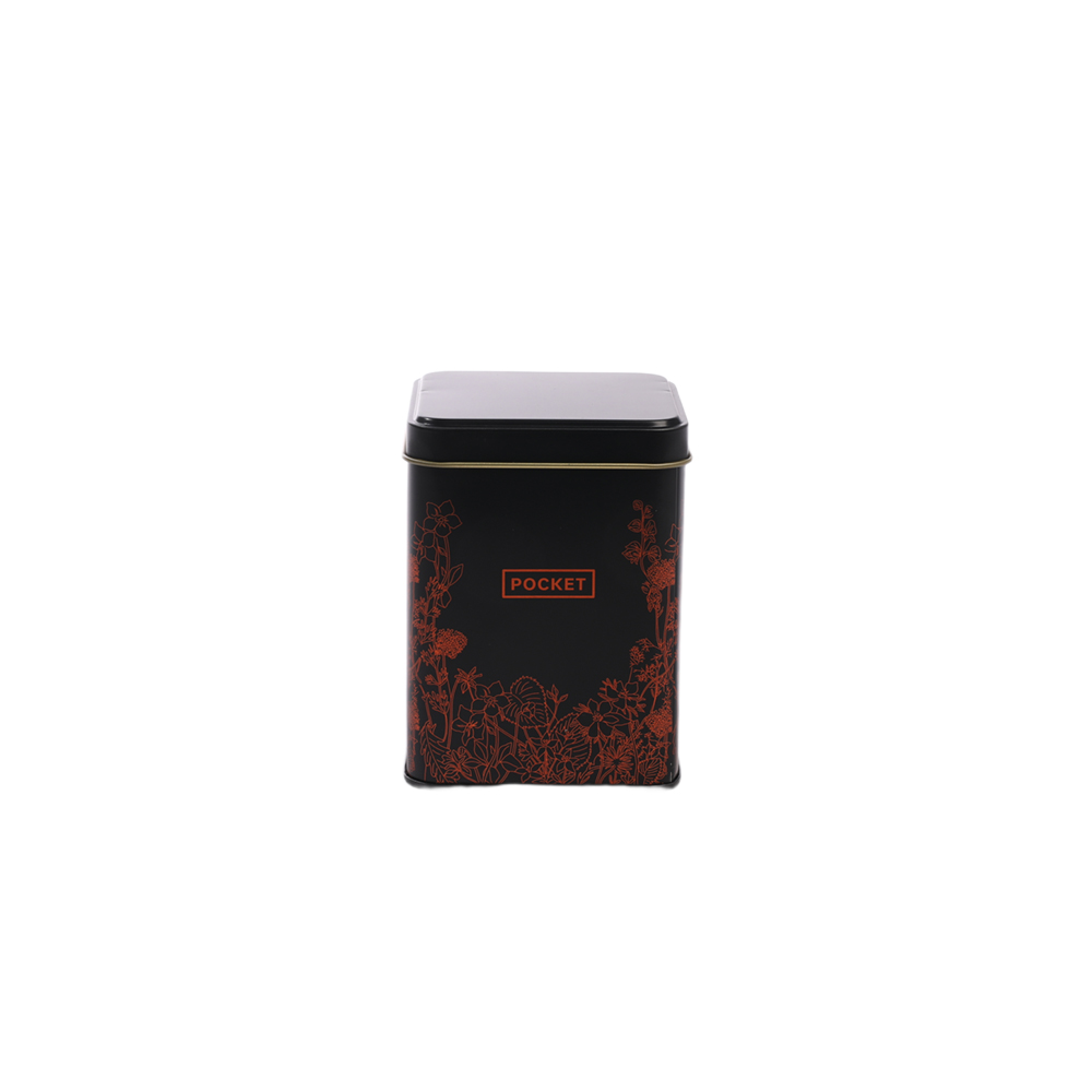 Boîte de thé noir de forme carrée premium avec illustration botanique rouge vue avant.