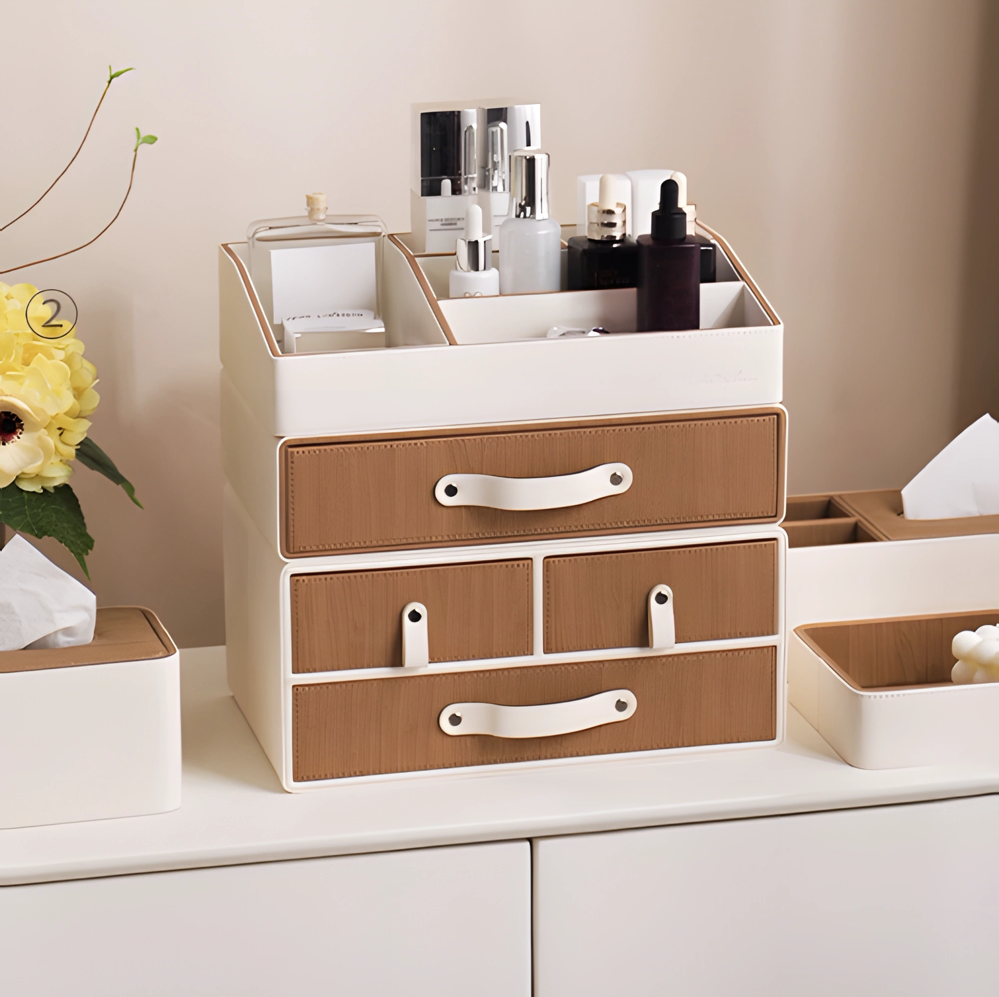 Multi-Tier Leather Cosmetic Organizer Box with Drawers