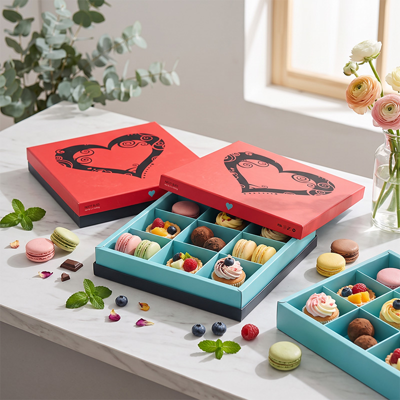 Quadratische leere Süßigkeiten verpackungs schachteln mit Macarons, Obst törtchen und Pralinen